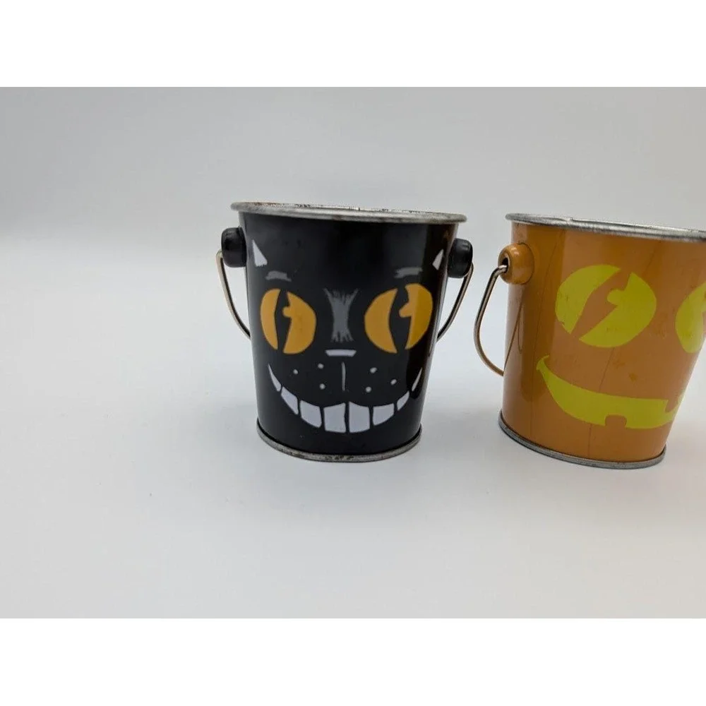 Vintage Halloween Metal Bucket Pail 2 Lot Pumpkin Black Cat Jack o Lantern Small